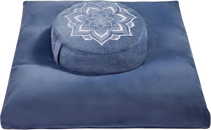 hunnidspace Meditation Zafu Cushion Set with Buckwheat Hulls & Memory Foam - Ergonomic Support for Yoga & Sitting - Removable Machine-Washable Luxury Velvet Cover - for Adults and Kids (Blue) - Image 1